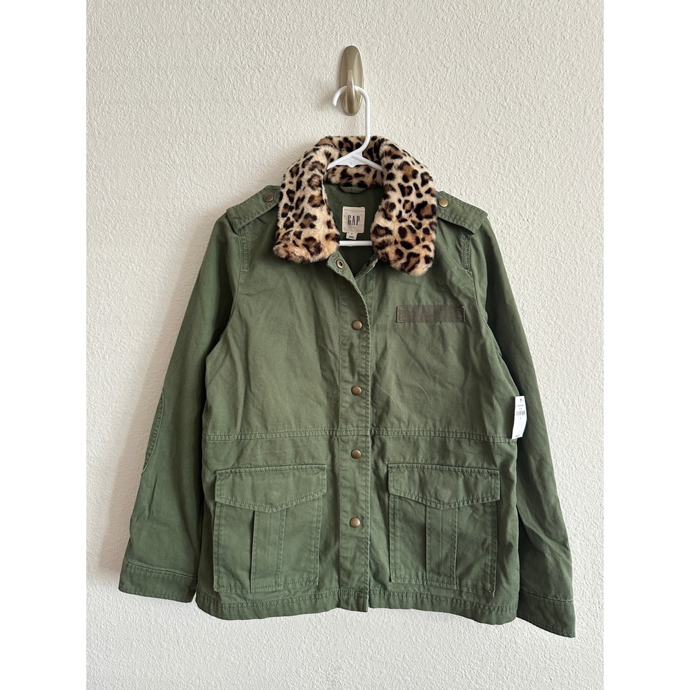 GAP Army Green Cotton Twill Utility Field Jacket Removable Leopard Collar S NWT